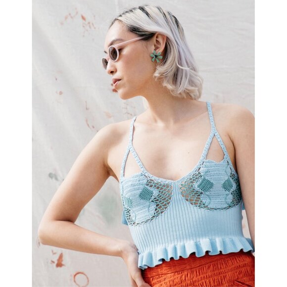 House of Sunny Tops - HOUSE OF SUNNY Palma crochet stretch knit ruffle crop top